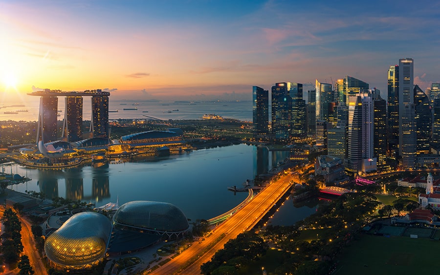 Singapore skyline and harbour at dusk