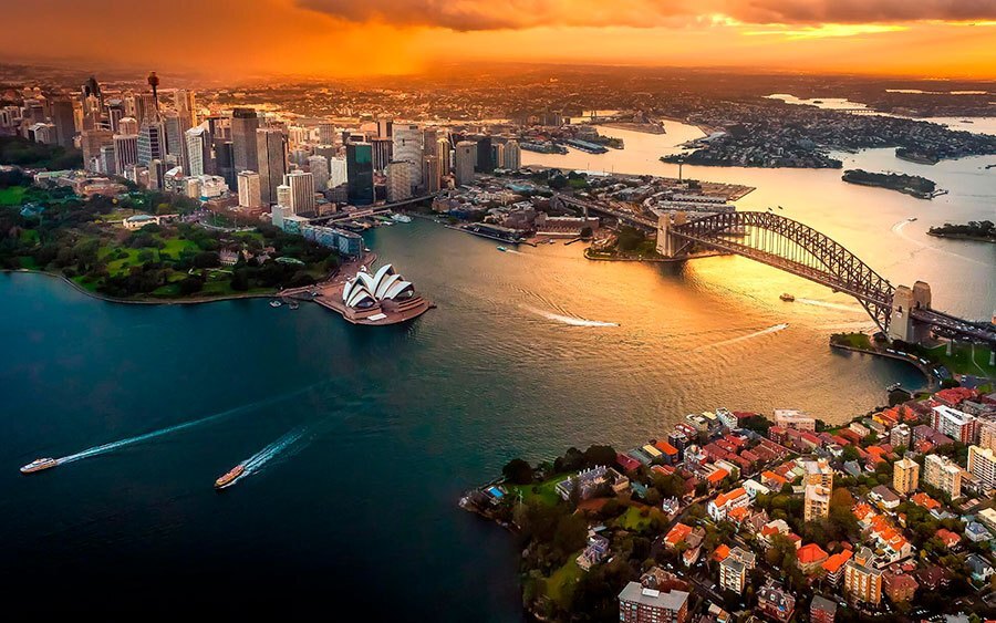 Aerial view of Sydney Harbour bridge and opera house
